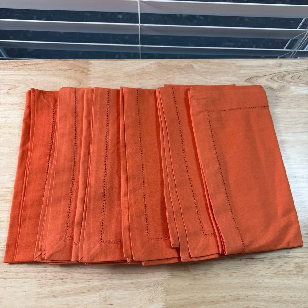 Banana Republic Bright Orange Hemstitch Dinnerware Table Napkins Cotton Set of 6